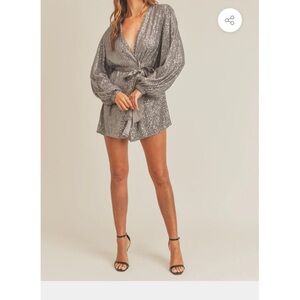 Mable Long Sleeve Silver Sequin Wrap Mini Dress Formal Prom Sequins Wrap Dress